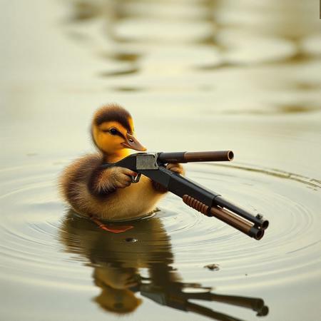 a duckling with 1 small shotgun, saying 
get off my land