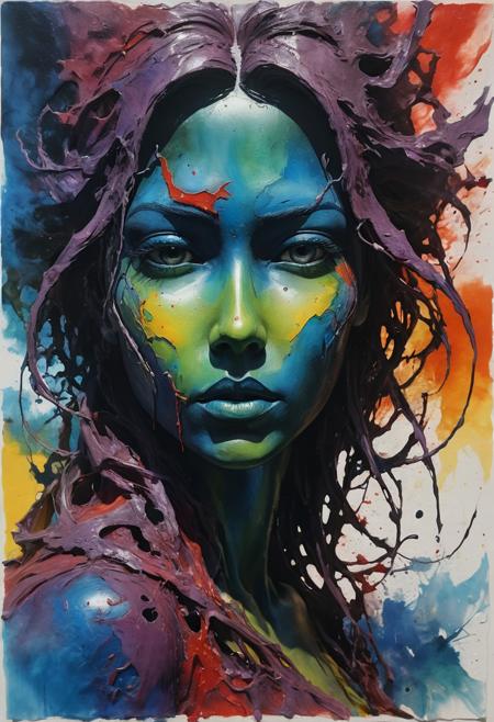 Watercolour, abstract expressionist sculpture, bold strokes, powerful presence, enigmatic expression, captivating aura, mysterious allure