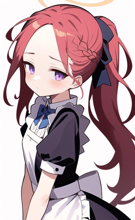 masterpiece,(best quality, illustration,detailed face:1.3),(1girl,solo:1.3),beautiful detailed eyes, apron, gradient_background, gradient, maid, purple eyes,red hair,small breasts, blue bowtie,
BREAK
 enmaided, white_apron, black_dress, ponytail, black_footwear, frilled_apron, dress, maid_apron, alternate_hair,very long hair, split_ponytail, halo <lora:HanaokaYuzuV012p:0.7>