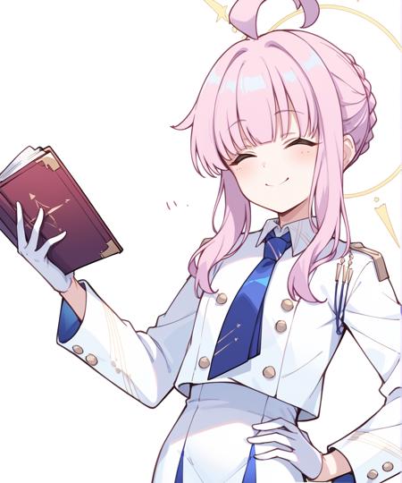 shiranui kaya (blue archive), halo, pink hair, blunt bangs, sidelocks, braided bun, tied hair, ahoge, green eyes, horizontal pupils, white shirt, blue necktie, yellow button, white gloves, white skirt, white pantyhose, white shoes, shiranui kaya (blue archive), halo, pink hair, blunt bangs, sidelocks, braided bun, tied hair, ahoge, closed eyes, white shirt, blue necktie, yellow button, white gloves, white skirt, white pantyhose, white shoes,