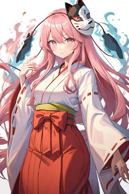 best quality, masterpiece, highres, solo, {white kimono:1.35}, {red hakama:1.35}, {wide sleeves:1.20}, {hata_no_kokoro_touhou:1.15}, long_hair, pink_hair, pink_eyes, plaid, bow, expressionless, bangs, bowtie, very_long_hair, hair_between_eyes