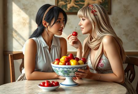 real life realistic, two beautiful women at a table, bowl of fruit between them, women looking in each other's eyes lovingly as one offers a cherry to the open mouth of the other woman.  One  hand is on the cheek of the other woman. one Asian, one blonde Swede. one small breasts, one large breasts. one sleeveless blouse and skirt, one sundress. one headband, one scarf. one bangs, one long hair.
score_9, score_8_up, very detailed, detailed eyes,  high detailed texture, realistic, photorealistic, perfect eyes, real life realistic, Expressiveh, Stable_Yogis_PDXL_Positives, midjourneylora, detailed background, dynamic angle, volumetric lighting, godrays, beautiful, small breasts, green eyes,