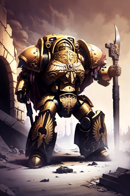 Photo of custodes in a desolate landscape with short hair wearing intricate ornamented metallic armor, with an axe, helmet, dreadnaught armor, cape, 
(1man:1.1), (big pipe:1.1), a ruined city looming in the distance. ascended
 <lora:Custodes MK1 by CARAXES:0.8>