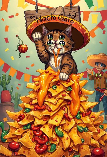 A mischievous tabby cat wearing an oversized, brightly colored sombrero adorned with tiny chili pepper ornaments sits triumphantly atop a towering mountain of cheesy nachos. The chips buckle under neon-orange melted cheese that oozes like lava. The cat, with sparkling anime-style eyes the size of tortillas, swipes a nacho with dramatic flair, flinging cheese onto its whiskers in a gooey mess that stretches cartoonish as it frantically licks it off. Behind the chaos, a vibrant Mexican fiesta bursts to life papel picado streamers flutter in reds, greens, and yellows, while googly-eyed piñatas shaped like cacti and mariachi figures dance and cheer. A hand-painted wooden sign reading “¡Nacho Gato!” swings crookedly above, caught in the festive whirlwind. Scattered below are salsa spills, a runaway jalapeño, and a toppled maraca. Rendered in a vivid Mexican folk-art style with bold outlines and Talavera-inspired patterns, the scene pops with fiery reds, sunny yellows, and deep azules perfectly capturing the wildly whimsical spirit of a feline fiesta gone hilariously off the rails.
