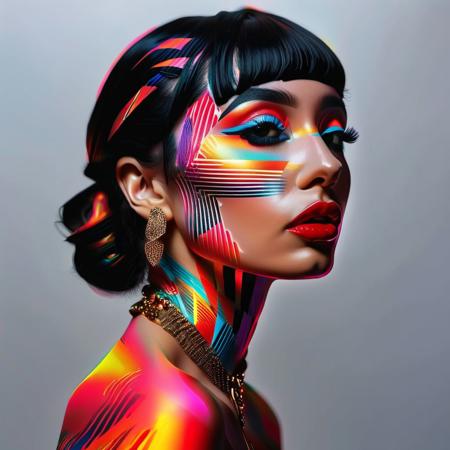Cibher-Cleopatra. MonicaAriana's breathtaking illustration of a captivating egiptian woman adorned with an intricate, glowing neon rainbow tattoo. The tattoo consists of shimmering, thin intrincate glowing hieroglyph pattern that cover her entire body, creating a mesmerizing, otherworldly effect. The level of detail is exceptional, capturing the texture of the skin and the precise lines of the stripes. The overall ambiance of the piece is reminiscent of a detailed painting or graffiti, bringing the figure to life and showcasing the artist's extraordinary skill. MonicaAriana's name is prominently displayed at the base, 3d render, painting, illustration, vibrant