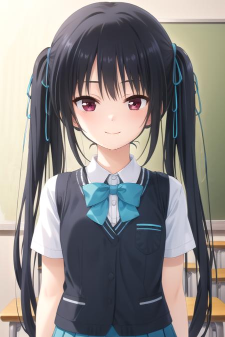 Seguchi Yayoi long hair,black hair,twintails,hair ribbon,red eyes sidelocks,school uniform,blue vest,wing collar,collared shirt,white shirt,blue bowtie,short sleeves,blue cuffs,medium breasts,blue skirt,pleated skirt,black socks,loafers