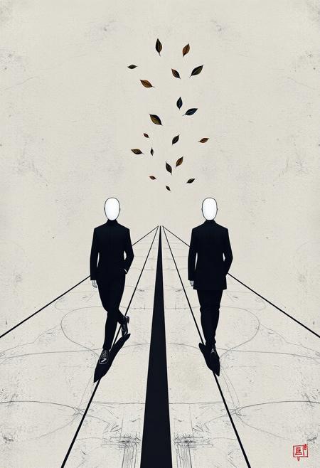 Two faceless figures walking along parallel lines, urban symbols drifting between them like leaves
hyperrealistic graffiti, modernist minimalism, contemplative figures, urban surrealism, bold composition, muted color palette with graphic accents, stylized realism, narrative symbolism, soft textures contrasted with street art edge, emotional stillness, layered spatial design, fine lines with architectural structure