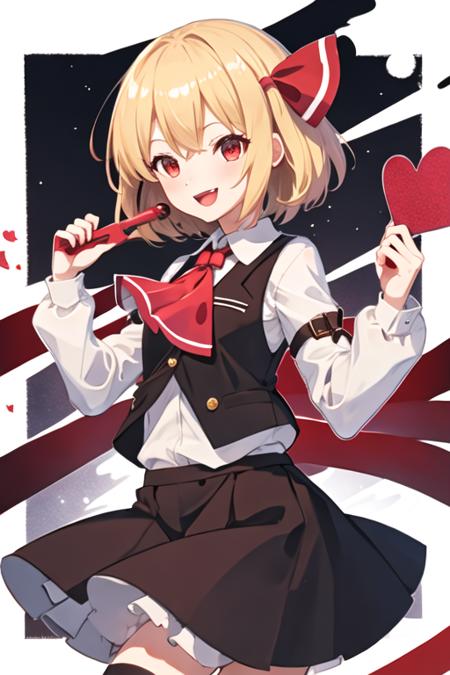 best quality, masterpiece, highres, solo, {rumia_touhou:1.15}, blonde_hair, ribbon, short_hair, hair_ribbon, red_eyes, vest, smile, open_mouth, red_ribbon, ascot