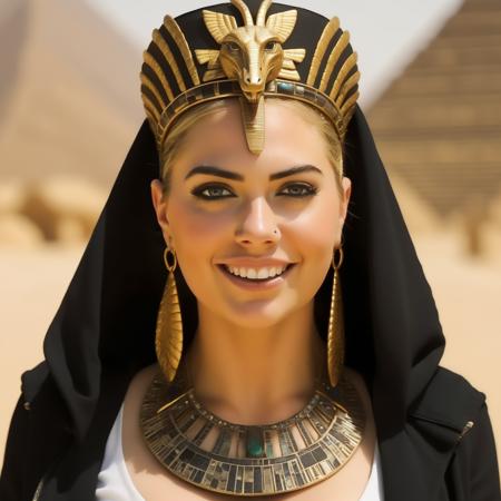 Photo of (ohwx woman)  <lora:Kate Upton:1> as an Egyptian queen, serpent headdress, golden serpent jewelry. pyramids, Egypt