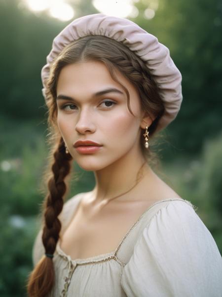 face focused, magic hour, photography, warm light, sunset, movie still, ultra detailed, portrait, BREAK alisiar43, alisia rae, <lora:AlisiaR43-000009-sdxl:1>,, 1girl, solo, portrait, shiny lipgloss, lips, vintage aesthetic, medieval peasant, bonnet, braided hair, very long hair, diadem, solo, blush, looking at viewer, bokeh, focus, film, velvia, film grain, best quality, photograph, focus, earrings, garden