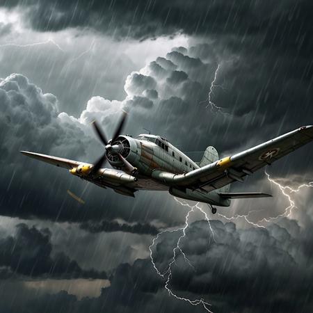 photorealistic old plane flying in the storm, lightnings, clouds, high detailed, 4k, masterpiece