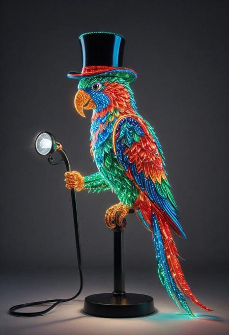 embedding:lazmpos, LED, colorful LED lights, RGB lights, red green and blue parrot, art deco, top hat, cane, monocle,RetroBG