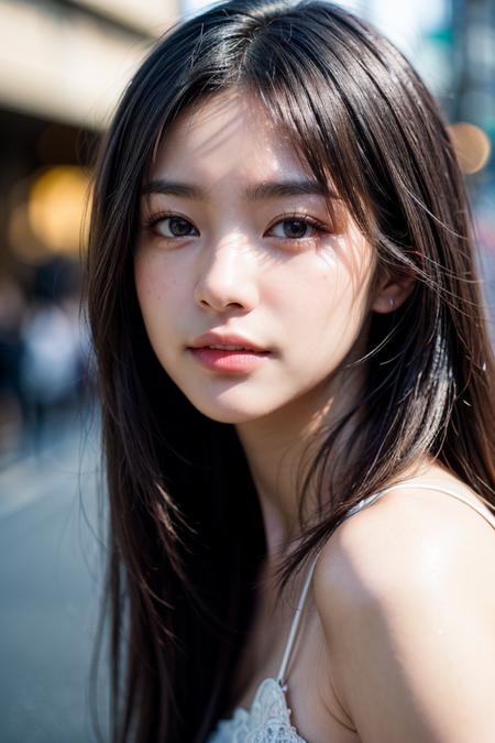 (masterpiece, best quality, hires, high resolution:1.2), (extremely detailed, intricate details, highres), (medium close-up:1.2) portrait on a (Tokyo street sunny background:1.2), (medium shot:1.2), (face focus:1.1), (soft focus:1.2), low lighting, (out of focus:1.2), bokeh, f1.4, 40mm, photorealistic, raw, 8k, ((textured skin:1.1, skin pores:0.3, realistic skin:1.1)), intricate details, 1girl,  (ultra sharp image), black hair, perma straight hair style, very beautiful girl,  <lora:add_detail:1.2>,  ,   <lora:FilmVelvia3:0.3>