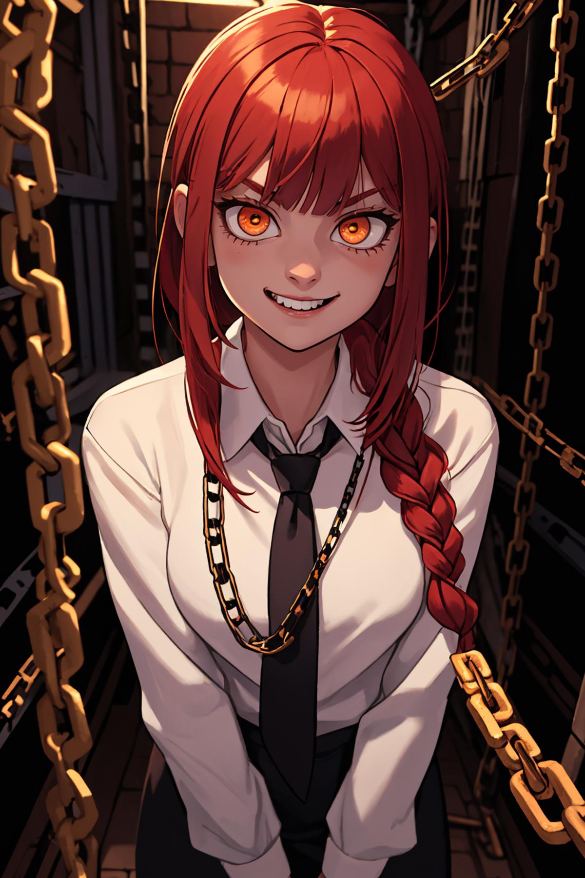 A cartoon girl with red hair and a black tie is smiling.