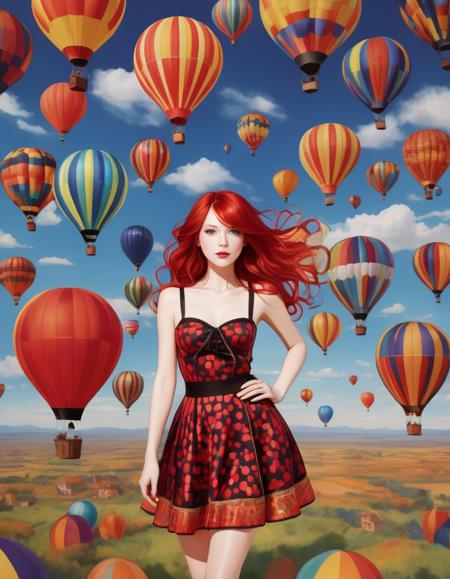 A pretty woman with red hair is standing in a hot air balloon, which is floating serenely in an open sky. She is wearing a colorful patterned dress and has a sense of adventure. The balloon is surrounded by other hot air balloons with colorful patterns. The scene is set in a modern art gallery, where the balloons are part of an art installation.