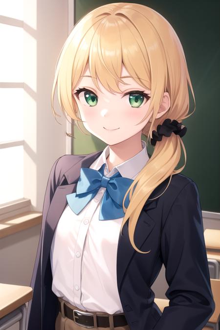 ((masterpiece)),(best quality),official art,extremely detailed CG,unity 8k wallpaper,ultra detailed,beautiful detailed eyes,extremely detailed face,classroom,1girl,solo,upper body,(portrait:1.5),looking at viewer,facing viewer,smile,ellen baker,long hair,blonde hair,hair over shoulder,hair scrunchie,sidelocks,bangs,green eyes,blue coat,open coat,bowtie,white shirt,long sleeves,small breasts,brown belt,brown skirt,black pantyhose,high heels,black footwear,<lora:Ellen Baker(alt)>,