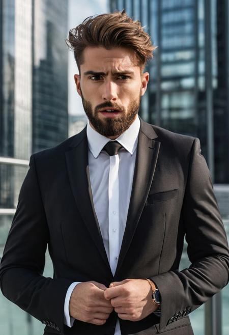 A man with a beard and brown hair, 
wearing a black suit, 
white shirt, 
and black tie. He appears to be in a business setting, 
with a backdrop of tall glass buildings. The man has a surprised or shocked expression on his face. highly detailed face, 
intricate clothing, 
high res, 
Sony A7R IV, 
greggiger, 
64K, 
HDR all body