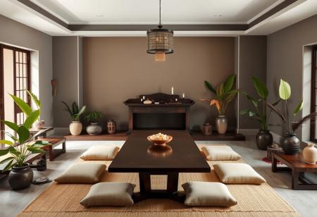 "A tranquil ritual room blending Modern Wabi Sabi and Tropical Modern styles. The walls are painted in dusty gray and accented with taupe for a calm, neutral backdrop. At the center, a handcrafted deep brown altar with subtle carvings serves as the focal point, holding incense burners, white candles, and ancestral tablets to create a sacred atmosphere.
Behind the altar stands a traditional dark wood dining table, seating 8-12 for family gatherings and rituals. The table’s elegant simplicity complements the natural textures and forms the heart of ceremonial activities. Surrounding the table, low wooden benches and soft beige floor cushions encourage family participation, bringing warmth and comfort to the space.
Lime green and dark green tropical plants, placed in simple ceramic vases, bring vibrant touches of nature, while woven textiles in earth tones and light beige add depth and texture. A woven rug under the altar enhances the room’s tactile warmth.
Soft ambient lighting from lanterns casts gentle shadows, fostering a meditative atmosphere. Accents of light salmon, pale cyan, and brick red are subtly integrated through decor elements, adding contrast without overwhelming the serene environment. The room combines Wabi Sabi’s natural imperfections with the vibrant energy of Tropical Modern, offering a sacred and harmonious space for honoring family traditions."