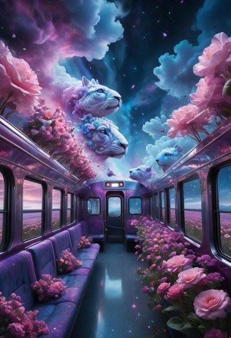Hyperrealistic train detailed with blooming flowers, ethereal cloud animals with shimmering outlines, passengers gazing in awe, vast sky with swirling galaxies, cosmic colors (purples, blues, pinks), dramatic lighting, mystical atmosphere