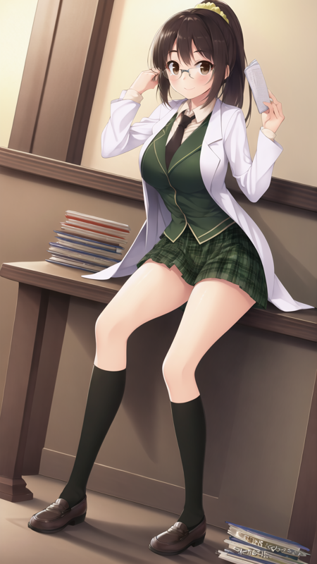 shiguma_rika, 1girl, solo, long hair, looking at viewer, smile, skirt, brown hair, hair ornament, brown eyes, school uniform, ponytail, pleated skirt, necktie, glasses, shoes, socks, book, plaid, kneehighs, plaid skirt, scrunchie, green skirt, black socks, loafers, labcoat, st. chronica academy school uniform,