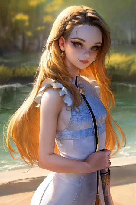 (lenacassandre:1.3), 1girl, young adult, standing, (upper body:1.1), (small breasts:1.1), cornrows, absurdly long hair, looking at viewer, trans, cashmere, lake, freckles, parted lips, smile, eyeliner, makeup, masterpiece, detailed, high quality, highres, extremely detailed <lora:lenacassandre_v2:0.7>