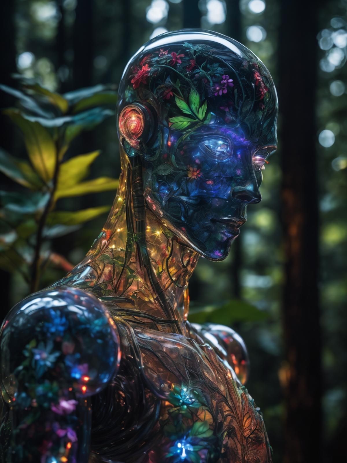 A colorful, glowing, and decorative statue of a person in a forest.