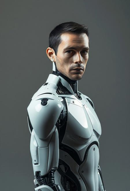 photo portrait of a man stands in front of camera, body slightly turned, looks into camera, high detailed, neutral background, with tiny details of a robot (andriod) but more as a human, realistic photo