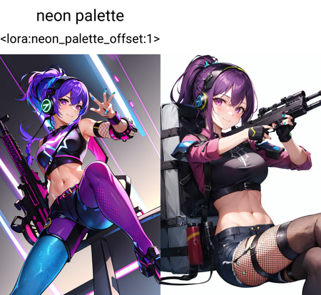 neon palette  <lora:neon_palette_offset:1>, 1girl, animification, armor, black shirt, blue pants, braid, breastplate, chaps, cropped shirt, crossed legs, electricity, fishnet pantyhose, fishnets, g7 scout, green nails, gun, headphones,  jetpack, looking at viewer, midriff, nail polish, navel, official alternate costume, pants, pantyhose, pink eyes, ponytail, purple hair, purple shorts, rifle, shirt, shorts, smile, solo, tan, thigh strap, weapon,  ((masterpiece))