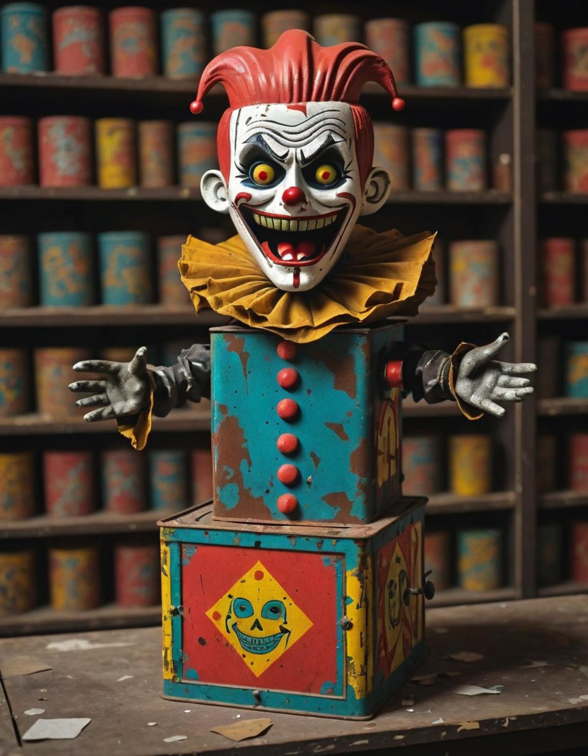 A creepy clown is standing in a container with a skull on it.