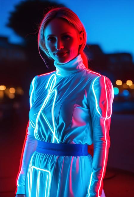 neon, wires, made of wires, cables, outlined with wires and neon, neon outlines, wire sculpture, neon wire sculpture, European women, Large breasts, long hair, blond hair, older female, score_9, score_8_up, score_7_up, score_6_up, score_5_up, score_4_up, close up, face focus, upper body, semi side view, UHD, 8K, masterpiece, detailed, ultra_high_resolution, lots of detail, OverallDetailXL, detailxl, regalres, Masterpiece, 32k, photorealistic:1.4, (small waist:2.9), fitness body, toned muscles, wide hips, slender legs, high cheekbones, oval face, 27 years old, mature female, milf, makeup, curvy, pretty face, SUPERMODEL, jewelry, solo, big bright eyes, beautiful natural eyes, fully dressed, high turtle neck, outdoors, hands hidden, short sleeves, hands behind the back, wrinkles, blonde, smiling, 1girl, blue eyes, closed dress, high neck closure, fully dressed, long dress, (neon red:2.4), (neon blue:2.4), gentle smile,closed mouth, end_tripwire_morph, night, moon, city, playground, (neon:2.8), aqua \(kingdom hearts\), halterneck, (neon criss-cross straps:1.4), elbow gloves, gloves, overskirt, long pants under skirt, long sleeves, puffy sleeves.