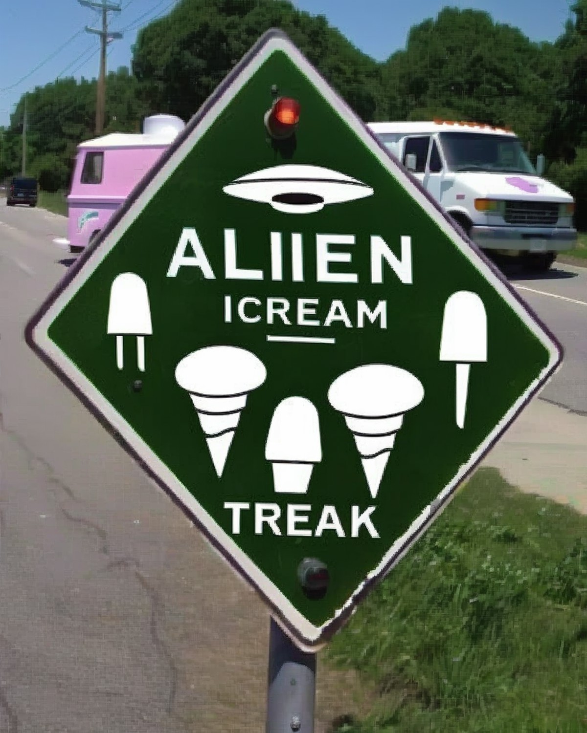 a photo of a road sign , Alien Ice Cream Truck Ahead:1.2, an extraterrestrial-themed sign indicating the presence of an "A...