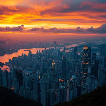 Breathtaking Hong Kong skyline at sunset captured from Victoria Peak as golden light bathes the dense forest of skyscrapers, harbor waters reflect the city lights, and the dramatic sky transitions from vibrant oranges to deep blues while day surrenders to the emerging glow of the metropolis below. disney pixar style