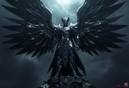 The image showcases a dynamic pose of Blackwing - Silverwind the Ascendant, standing on a Skypalace Babylon with silver armor contrasting against a dark blurred background. The 4K image features exceptional quality, lifelike details, sharp lines, and harmonious colors, capturing a powerful message with vivid emotions. Cinematic lighting and intricate details enhance the overall concept design, making it trend on ArtstationHQ.
