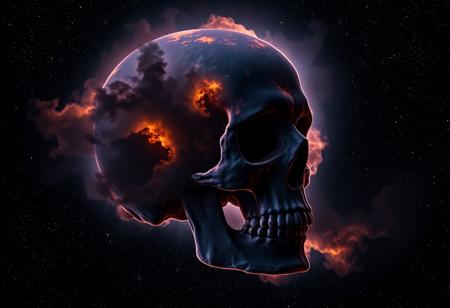 photorealistic dark cosmic nebula like a skull made of clouds with hues of black, orange, blue, and purple, and 6 diffraction lines on stars