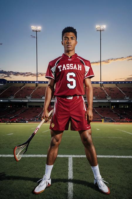 athletic field, lacrosse field, grass foreground, SeanXavier, lacrosse player, wearing red (lacrosse uniform:1.3), (lacrosse shoulder pads), holding (lacrosse stick), photorealistic, masterpiece, (((full body portrait))), wide angle,  <lora:SeanXavier-000005:0.8>