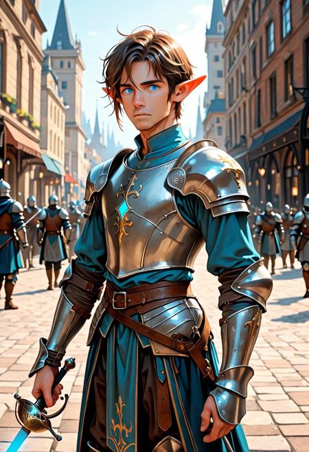 score_9_up, score_8_up, score_7_up, score_6_up. masterpiece, best quality, good quality, very aesthetic, absurdres, semirealism, RapierXL, fantasy, 8K, depth of field, focused subject, Elf knight:1.3, 19yo male, androgynous, pointed ears, short brown hair, male haircut, blue eyes, wearing detailed armor, knight's armor, he is standing, holding sword, rapier, weapon, blue glowing sword, city park