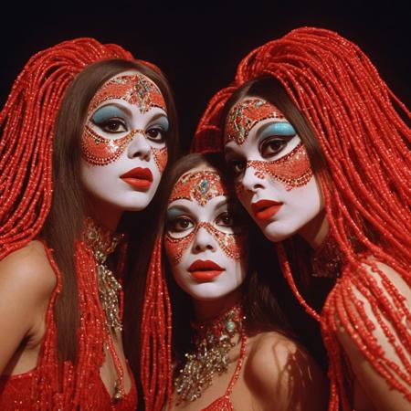 a surreal and movie still close-up-shot, a 1970s Sao Paulo Brazil Theater of the Absurd movement, three gorgeous long hair brunette dancers, wearing oversized exaggerated fake lips made of bright red plastic, their bodies painted and beaded with whimsical colorful patterns, in a bizarre and hallucinogenic theatre set, dramatic surreal theatrical lighting, Leica M3, 50mm lens