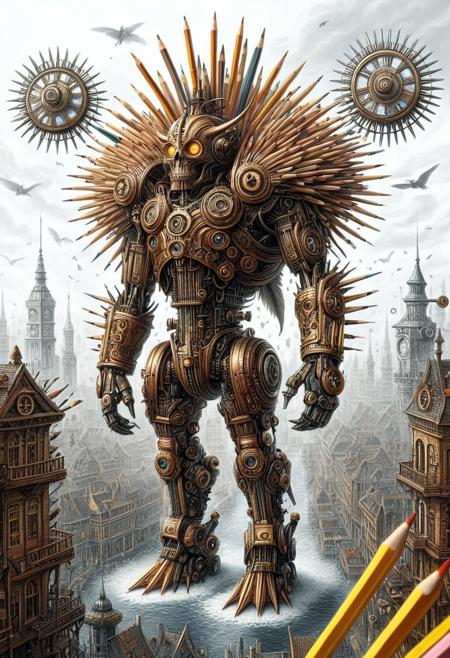 A surreal 135mm upper-body illustration of Belial, Lord of Lies, with high detailed and beautiful eyes made of pencils and pencil-tips in a pencil_morph_style as a surreal world morph, set in A steampunk city filled with airships and clockwork machines, a dynamic throwing pose and an disdain expression. The scene is illuminated by heroic backlighting, enhancing the adorable atmosphere. Ash falling like snow from a distant fire. Dynamic brushwork meets hyper-detailed ultra-HD clarity, achieving a mesmerizing fusion of art and realism. Crafted with unparalleled precision, every aspect resonates with the essence of the composition., structures and hairs and spikes and feathers are made out of pencils and pencil-tips, <lora:add-detail-xl:1>, <lora:Pencil_morph_style-000008:1.0>,
