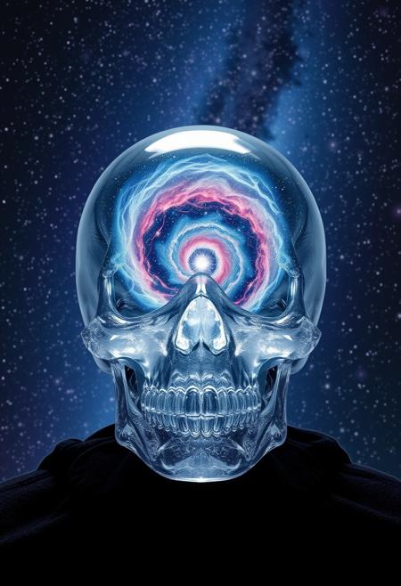 a crystal skull with a swirling galaxy inside in front of a starry space scene,