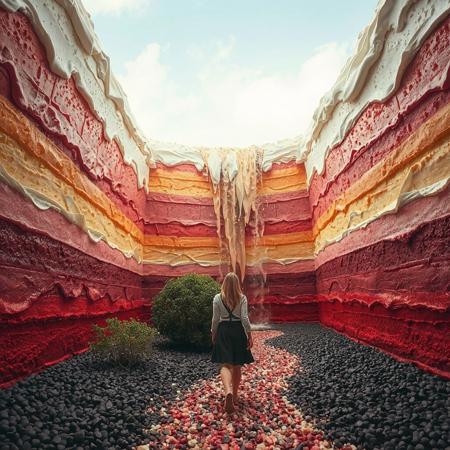 at the bottom of the multi color cake valley. a woman walking approaching wall of cake and tasting. The valley is made from cake and melting cream. between towering, huge cake and huge topping cream. canyon of giant layered cake. bush created from sparkling candies. chocolate chip pebbles spread along the path. A Bottle pouring a wine waterfall.