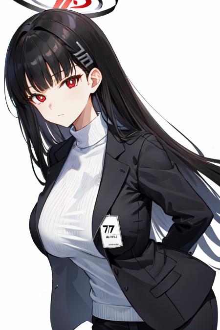 <lora:rio_blue_archive_v2:1> rio blue archive, simple background, jacket, long sleeves, looking at viewer, large breasts, red eyes, suit, long hair, closed mouth, turtleneck sweater, white background, formal, black jacket, 1girl, hair ornament, blunt bangs, id card, black hair, shirt, hairclip, white shirt, turtleneck, solo ,halo , arms behind back