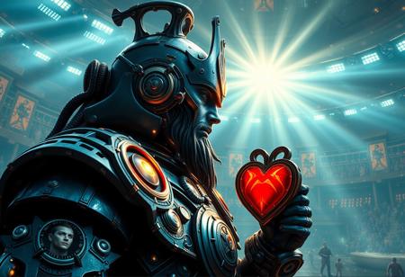 Create a highly detailed, hyperrealistic digital illustration of a clockpunk Battleguard King in an Amazoness Arena, inspired by the styles of Mark Brooks, Artgerm, Beeple, and Yoshitaka Amano. The King should be half-man, half-machine, with a focus on dark blue metal and intricate, lifelike details. Incorporate a portrait of He-Man and connect the King to heart machines, utilizing a golden ratio composition. Render the scene in 8K with volumetric lighting, sunbeams, and particles, using Octane render and Daz Genesis Iray. Ensure the image is in a portrait orientation and includes micro details and textures. Use Tetsuo from Akira as a reference for the King's design.