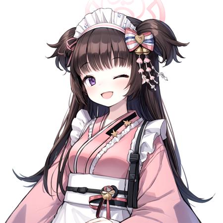 shizuko, halo, 1girl, maid headdress, purple eyes, brown hair
two side up, wa maid, japanese clothes, pink kimono, hair ribbon, flat chest, 
smile, one eye closed
upper body, (simple background, white background:1.4), <lora:chara-shizuko-v9:1>,