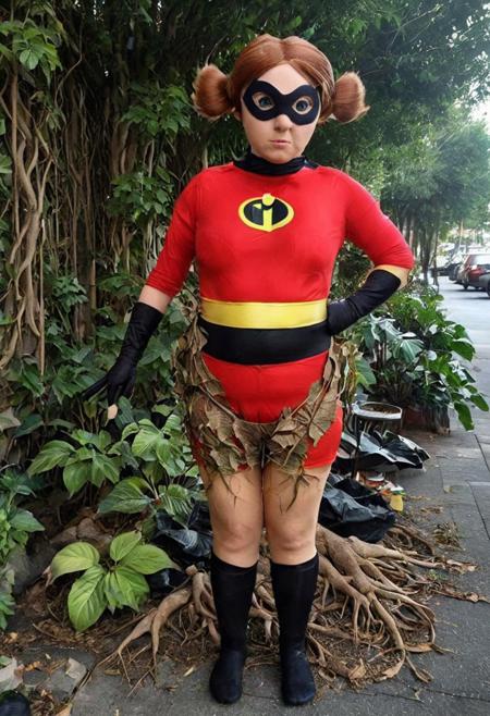 bad cosplay of elastigirl of the incredibles, foliage-and-roots, looking at viewer