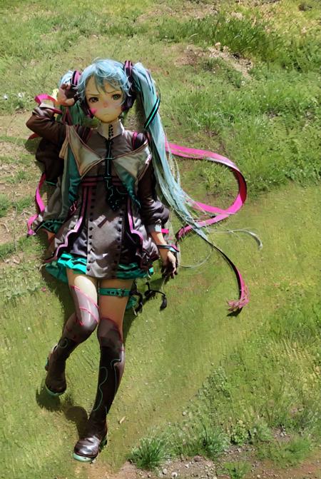 solo, 1girl, magical mirai (2015), hand in hand (vocaloid), full body, lying,  frown, looking at viewer, grass field, outdoors, from above, day