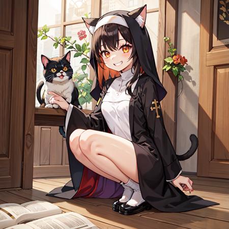 masterpiece, 1girl, best quality, indoors, medium hair, black hair, crossed bangs, small breasts, orange eyes, cat ears, grin, open mouth, full body, nun, habit, black robe,