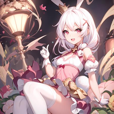 masterpiece, best quality, detailed, magical_teriri, 1girl, solo, beautiful detailed eyes, red_eyes, white_hair, long_hair, hair_ornament, bangs, rabbit_ears, rabbit_girl, pink_dress, puffy_short_sleeves, white_gloves, white_thighhighs, <lora:magical_teriri_v2:0.9>