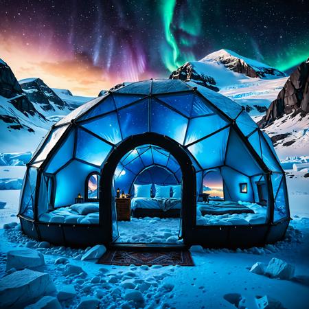 a igloo house concept art of ,  frontal view, with picture windows, big glacier, artic, ice everywhere, northern lights.
 <lora:add-detail-xl:1>, Ultra-HD-details, true to life, HDR image, High detail resolution, high detailed cloth, cinematic lighting, realistic, sharp focus, (very detailed), ((4K HQ)), depth of field, f/1.2, Leica, 8K HDR, High contrast, bokeh, realistic shadows, vignette, epic,, symmetric eyes, same color eyes . magnificent, celestial, painterly, epic, majestic, magical, cover art, dreamy, MASTERPIECE,