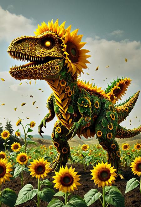 aidmamj6.1, Made of Sunflowers, A formidable T-Rex dinosaur, its massive body composed entirely of bright yellow sunflowers, with delicate leaves and petals forming its textured scales. Its fierce eyes are crafted from dark sunflower centers, glowing with an inner light that hints at its ancient power. The T-Rex is captured mid-roar, with sunflower petals flying off its body, creating a dynamic sense of movement and energy. The background is a prehistoric landscape, but instead of ferns and ancient trees, vast fields of sunflowers stretch to the horizon, blending the ferocity of the dinosaur with the serene beauty of a sunflower meadow.