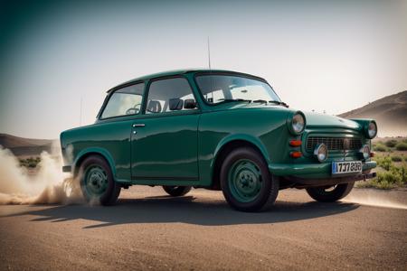 green STANCE TRABANT,  car, sandstorm, photorealistic, shot by Sony a7iii  <lora:TRABANT:0.8>